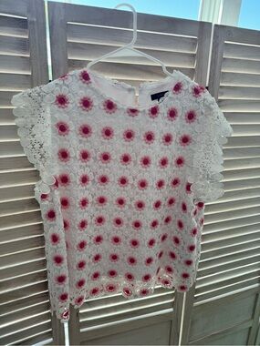 J. Crew White Crochet Lace Top with Pink Floral Dots